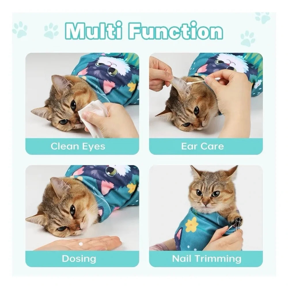 Pet Grooming Swaddle Blanket for Cats - Teal Cat Pattern XL